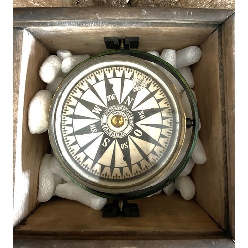 1284 - A gamble mounted ships compass in wood outer case, lacking lid. Case 18cm x 18cm. Maker Georg Hechel... 