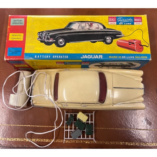 1115 - Telsalda De Luxe Jaguar Mark 10 Saloon, cream plastic body with friction motor, roof rack and five p... 