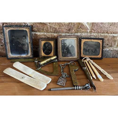 1286 - A miscellaneous lot to include daguerreotypes, a brass protractor/spirit level, a brass fleam, a bra... 