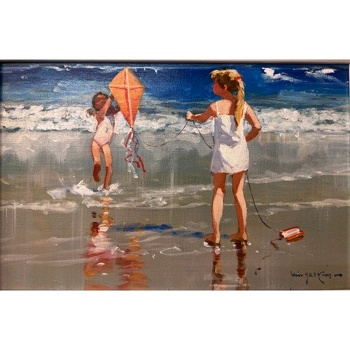 1390 - Oil on board signed John Haskins L.R. 'Launching the Kite'. Image size 19 x 29cms.