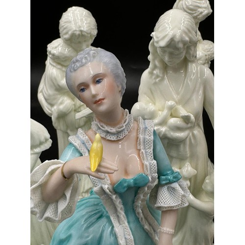 207 - A large collection of ceramic figurines to include Coalport Innocence, Here comes the Bride, Nell Gw... 