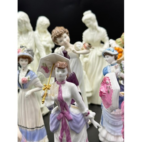 207 - A large collection of ceramic figurines to include Coalport Innocence, Here comes the Bride, Nell Gw... 