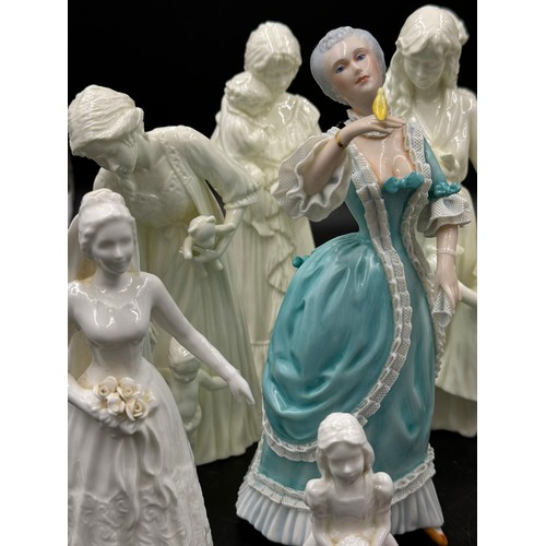 207 - A large collection of ceramic figurines to include Coalport Innocence, Here comes the Bride, Nell Gw... 