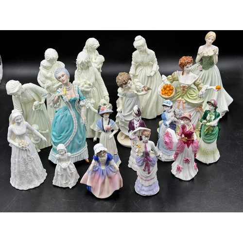 207 - A large collection of ceramic figurines to include Coalport Innocence, Here comes the Bride, Nell Gw... 