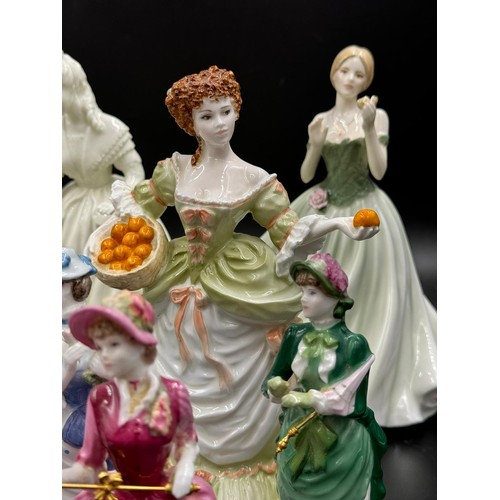 207 - A large collection of ceramic figurines to include Coalport Innocence, Here comes the Bride, Nell Gw... 