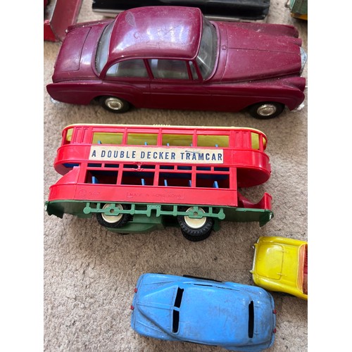 1155 - Diecast and tinplate toys to include Dinky Blaw Knox Bulldozer, Dinky Euclid Rear Dump Truck 965, Di... 