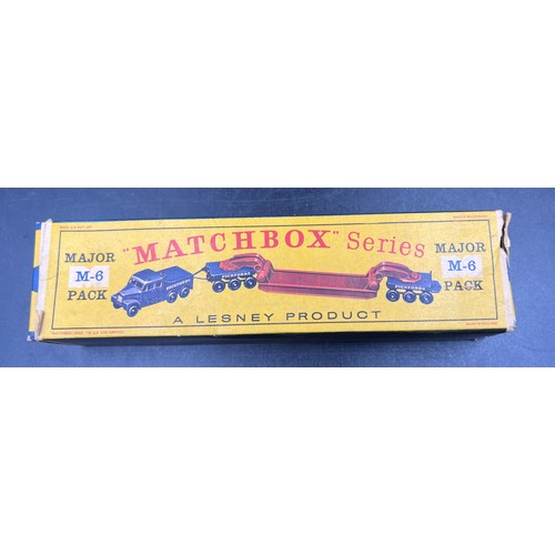 1165 - A boxed Lesney 'Matchbox' series M-6 Major pack Pickfords 200 ton transporter, dark blue tractor wit... 