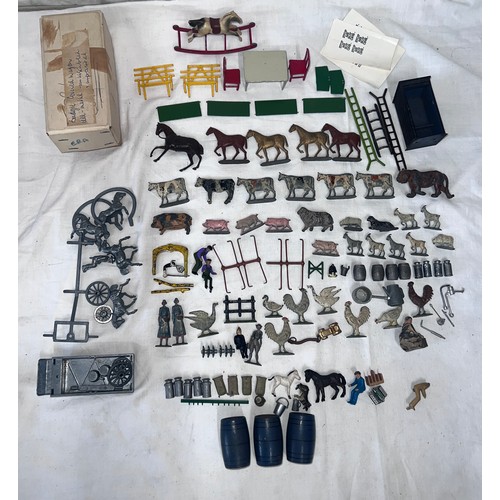 1170 - Farm toy accessories to include lead animals, some plastic and and incomplete Budgie Covered Wagon.