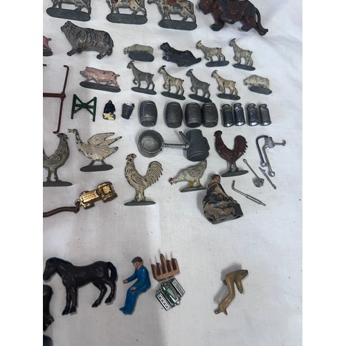 1170 - Farm toy accessories to include lead animals, some plastic and and incomplete Budgie Covered Wagon.