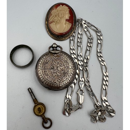 751 - A continental silver pocket watch, marked .935 with winding key, a .925 silver chain, metal framed c... 