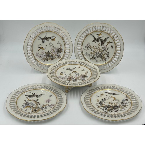 199 - Fischer &  Mieg 19thC porcelain part tea service, with ribbon borders, floral, bird and gold insect ... 