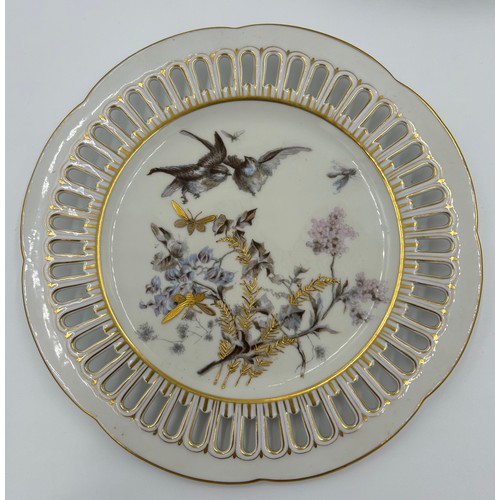 199 - Fischer &  Mieg 19thC porcelain part tea service, with ribbon borders, floral, bird and gold insect ... 