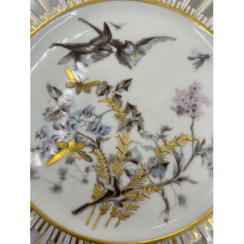 199 - Fischer &  Mieg 19thC porcelain part tea service, with ribbon borders, floral, bird and gold insect ... 