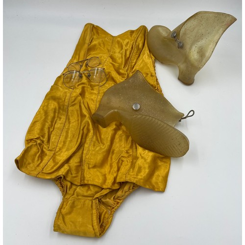 717 - A 1950’s ladies strapless bathing costume with zip to back and ruched sides together with a pair of ... 