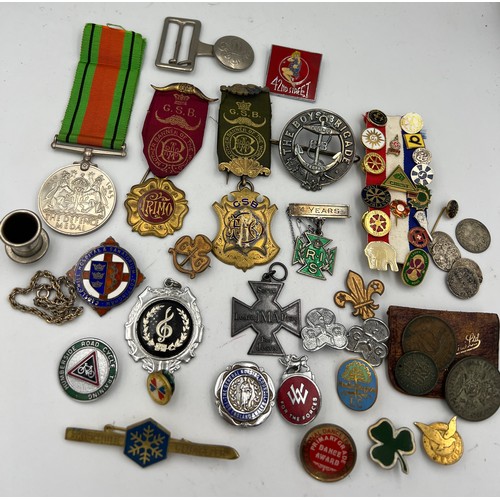 1300 - A collection of badges, medals, coins etc including hallmarked and silver Masonic, Boys Brigade, nur... 