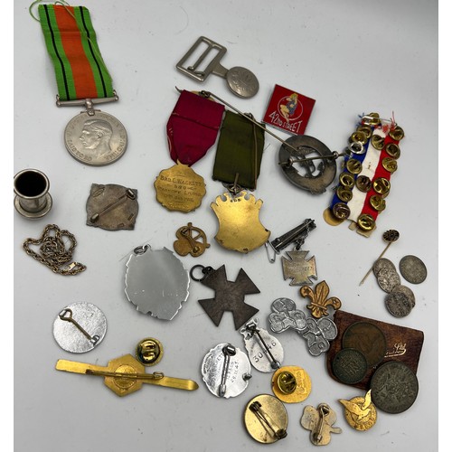 1300 - A collection of badges, medals, coins etc including hallmarked and silver Masonic, Boys Brigade, nur... 