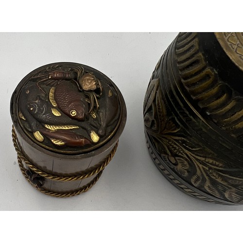 1301 - A Japanese brass and copper inkwell, 5.5cm h together with a brass lidded pot.