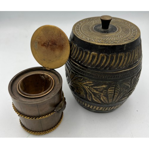 1301 - A Japanese brass and copper inkwell, 5.5cm h together with a brass lidded pot.