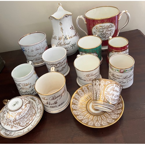 187 - A collection of 19thC commemorative Christening and marriage mugs, cups and jugs.