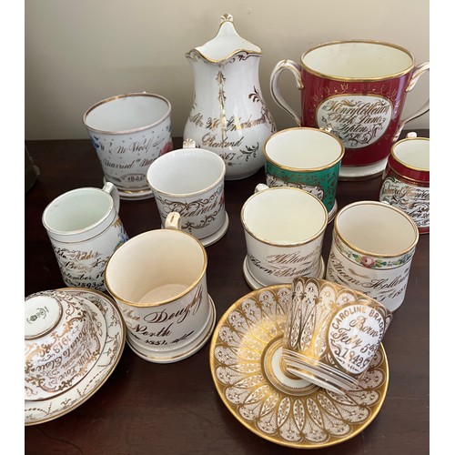 187 - A collection of 19thC commemorative Christening and marriage mugs, cups and jugs.