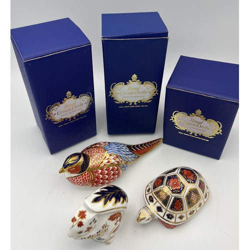 189 - Three Royal Crown Derby paperweights to include a squirrel, a tortoise and a pheasant. All with gold... 