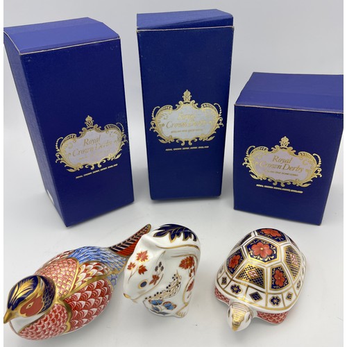 189 - Three Royal Crown Derby paperweights to include a squirrel, a tortoise and a pheasant. All with gold... 