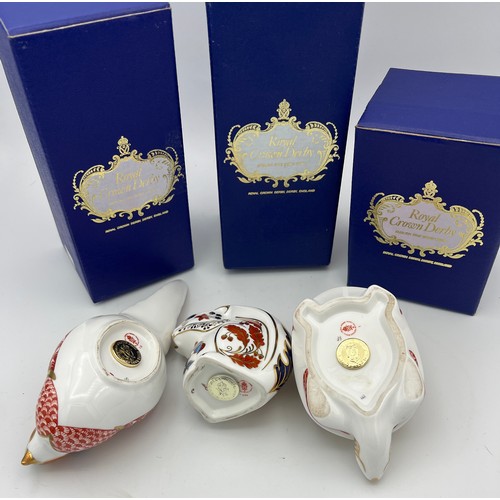 189 - Three Royal Crown Derby paperweights to include a squirrel, a tortoise and a pheasant. All with gold... 