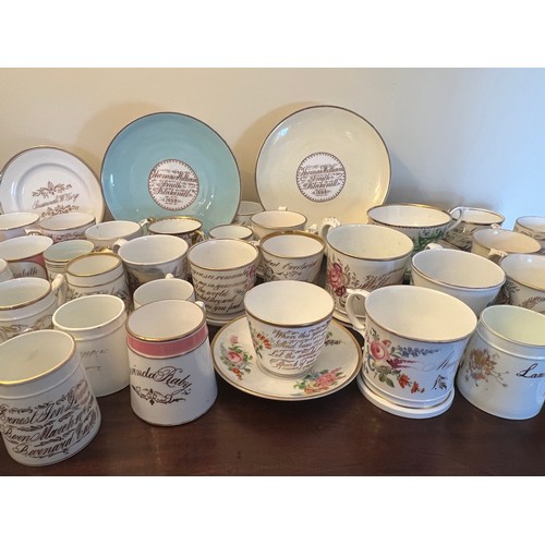 191 - A large quantity of mainly 19thC Christening mugs, cups and saucers and plates.