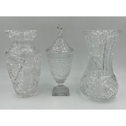 283 - A quantity of good quality cut glass comprising 4 vases, largest 27cm h, smallest Stuart 19cm h, an ... 