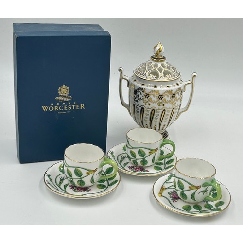 181 - Three Royal Worcester 'Earl of Coventry' Blind Earl relief moulded teacups and saucers (1990),one se... 