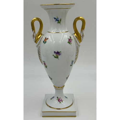 183 - Selection of mixed 6 ceramics including Dresden vase with gilted swan handles measuring 27.5cm; Mint... 