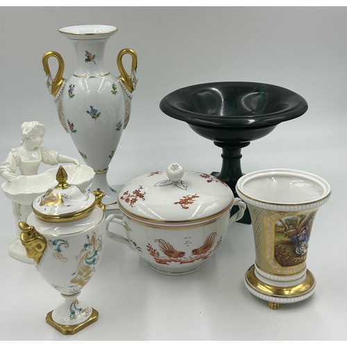 183 - Selection of mixed 6 ceramics including Dresden vase with gilted swan handles measuring 27.5cm; Mint... 