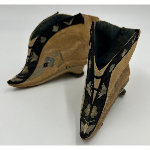 718 - Chinese silk embroidered foot binding lotus shoes.