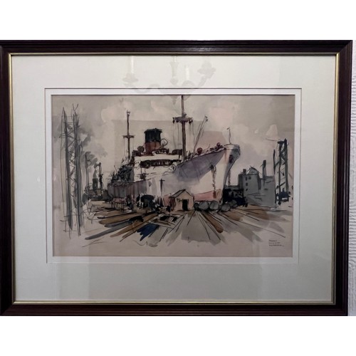 1394 - Harry Hudson Rodmell  (British 1896-1984) Watercolour ship in dock, signed lower right. 34cm x 51cm