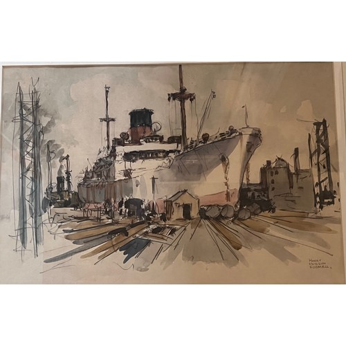 1394 - Harry Hudson Rodmell  (British 1896-1984) Watercolour ship in dock, signed lower right. 34cm x 51cm