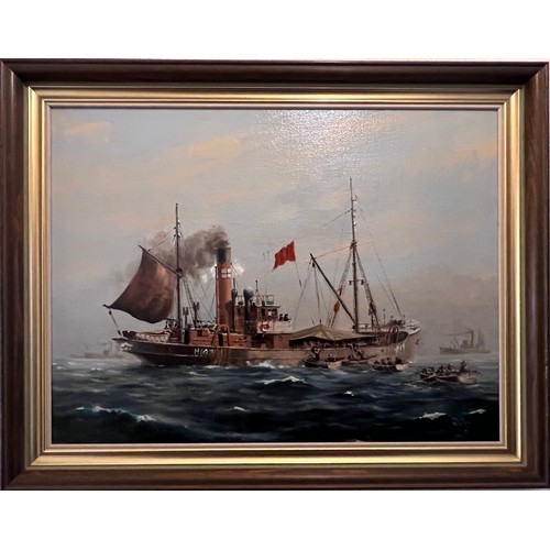 1395 - Colin Verity RSMA (British 1924-2011) Oil on board shipping scene. 44cm x 60cm.