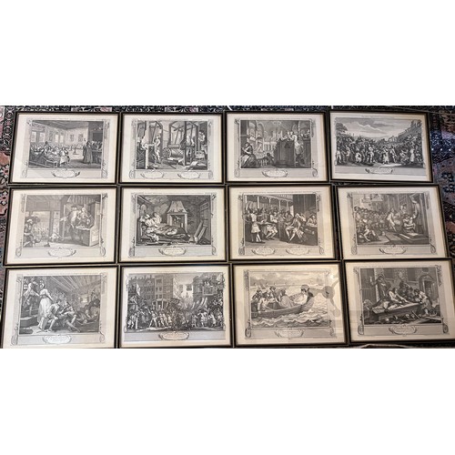 1376 - Set of twelve framed Hogarth prints, Industry and Idleness.