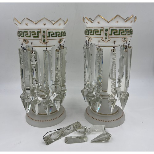 279 - A pair of 19thC glass lustres with green and gilt decoration.