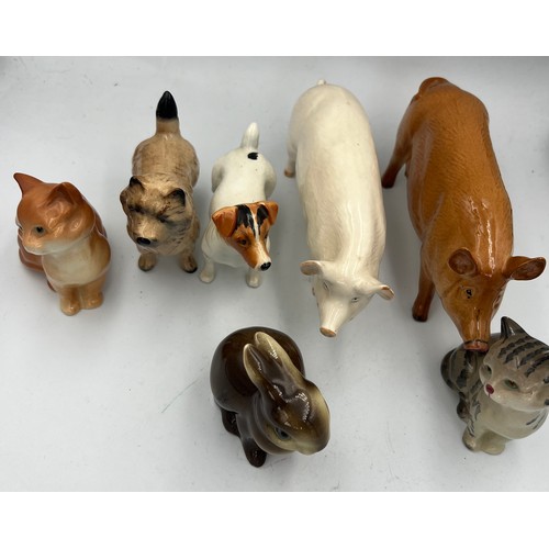 163 - A collection of ceramic animals to include Beswick Jack Russell dog, Wallqueen pig, cat, Doulton pig... 