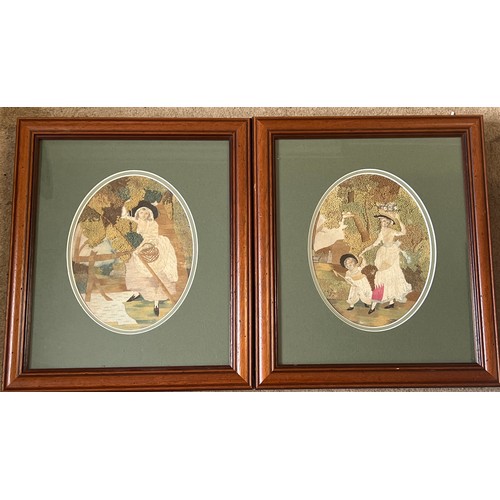 713 - A pair of 18thC silk work pictures in modern mounts and frames. Label attached to back ‘Elizabeth Gr... 