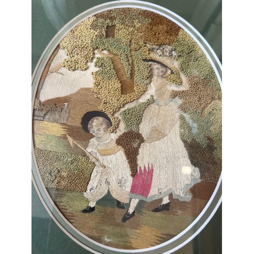 713 - A pair of 18thC silk work pictures in modern mounts and frames. Label attached to back ‘Elizabeth Gr... 