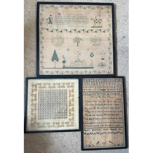 714 - Three early 19thC cross stitch samplers to include times table Mary Whittle’s work 1816, 32cm x 32cm... 