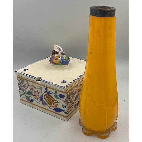 141 - A Poole honey box together with a silver rimmed yellow glass vase, 21cm h.