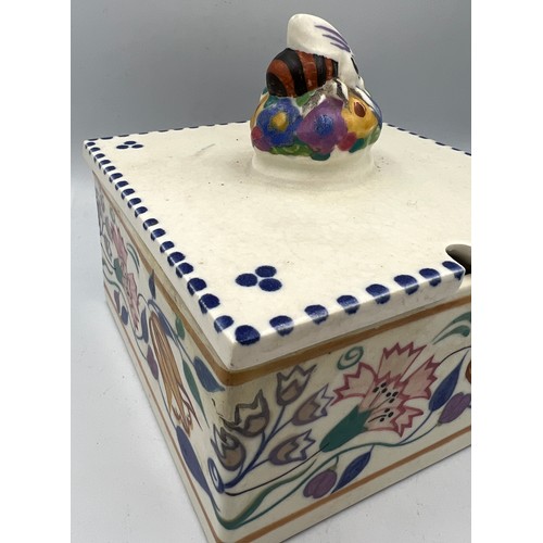 141 - A Poole honey box together with a silver rimmed yellow glass vase, 21cm h.