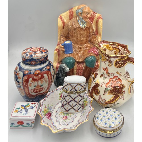 144 - Ceramics to include Royal Doulton Uncle Ned, HN 2094, Masons Brown Velvet jug, Imari lidded jar, Roy... 