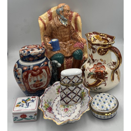 144 - Ceramics to include Royal Doulton Uncle Ned, HN 2094, Masons Brown Velvet jug, Imari lidded jar, Roy... 