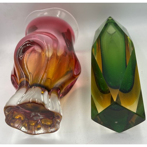 305 - Two mid 20thC glass vases to include Murano sommerso 21cm h and Czechoslovakian Chribska.