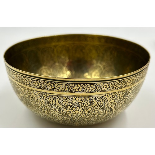 417 - Brass ware to include a scalloped tray 45cm d, small tray, bowl, galleried tray all with Eastern des... 