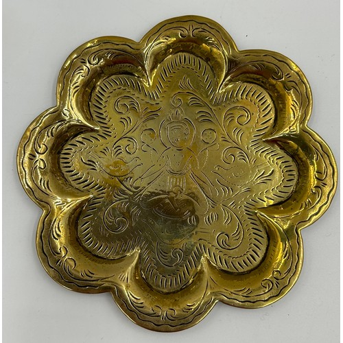 417 - Brass ware to include a scalloped tray 45cm d, small tray, bowl, galleried tray all with Eastern des... 