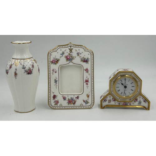 123 - Royal Crown Derby 'Royal Antoinette' pattern miniature mantel clock 11cm h, picture frame 18cm h and... 